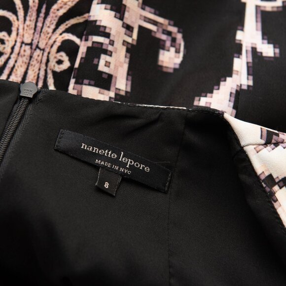 Nanette Lepore Sheath Dress Scrollwork Pixel Mini Long Sleeve Pink Black Size 8 - Picture 4 of 7